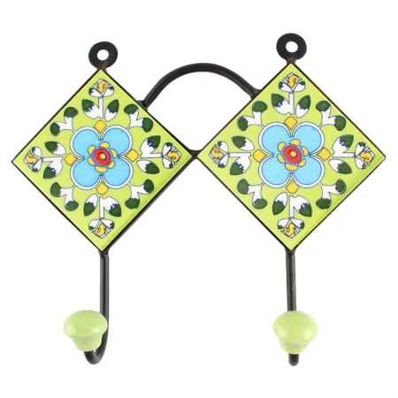 Pea Green Floral Ceramic Tile Wall Hook